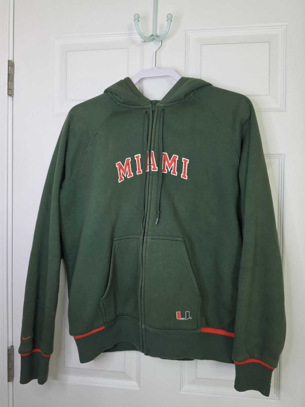 Womans Nike Miami UM Green Zip-Up Hoodie with Orange Accents